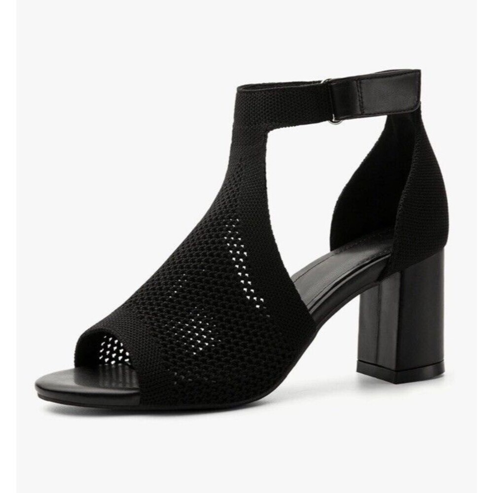 NEWBELLA Black Knit Peep Toe Block Heel Sandals Ankle Strap Women Size 11 NIB